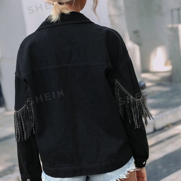 Black denim jacket with fringe - Picture 2 of 3